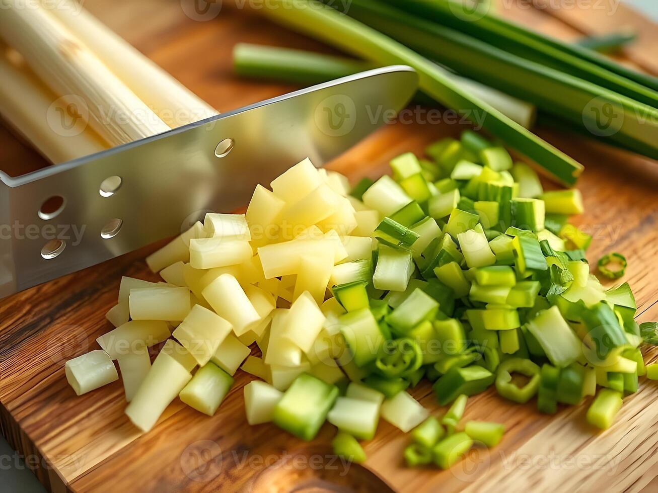 Chopped green onions and celery on a cutting board photo