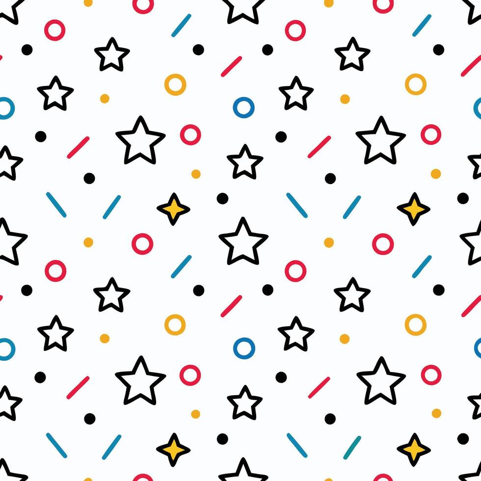 Colorful stars, circles, and lines seamless pattern. vector