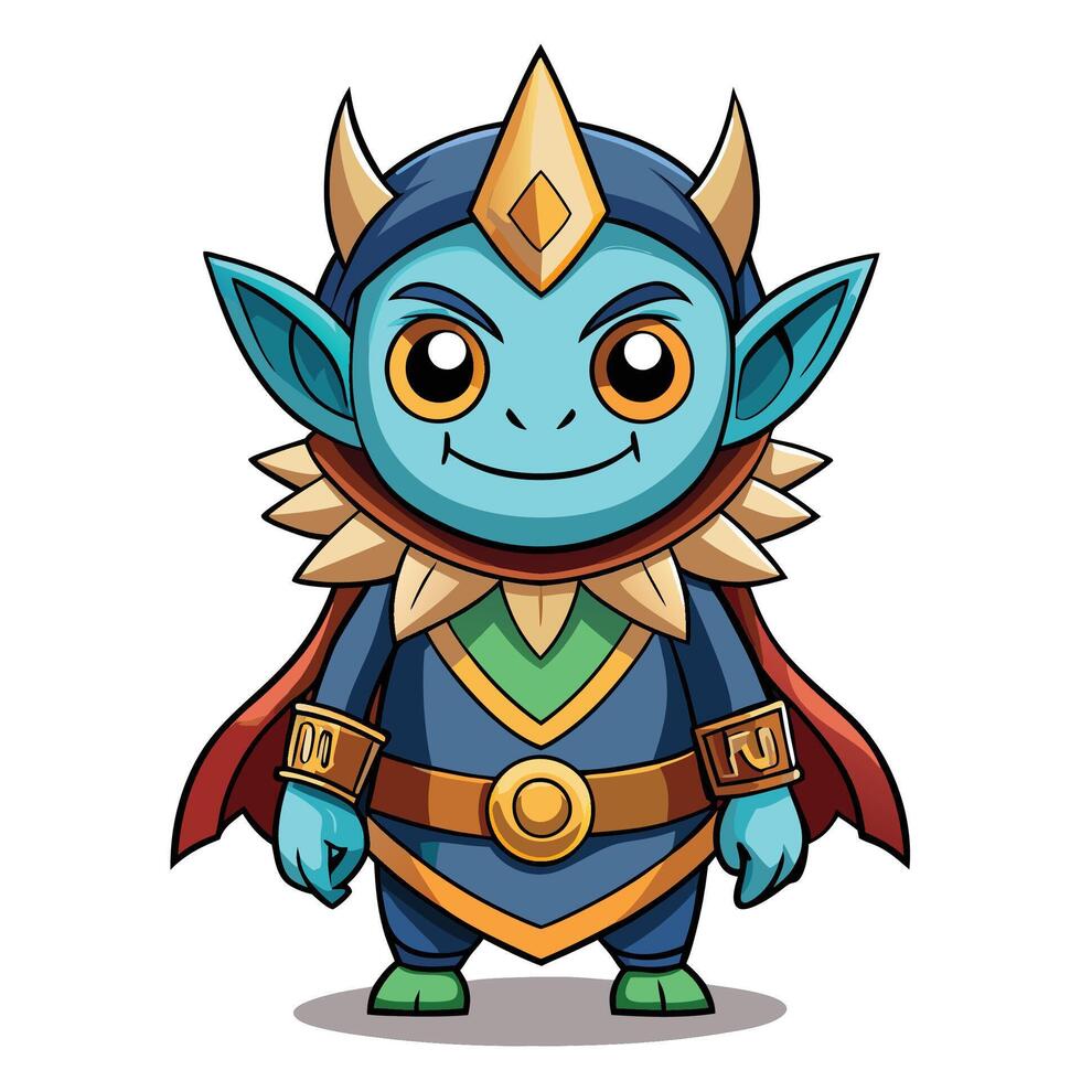 Cute blue fantasy creature with horns, cape, and crown. vector