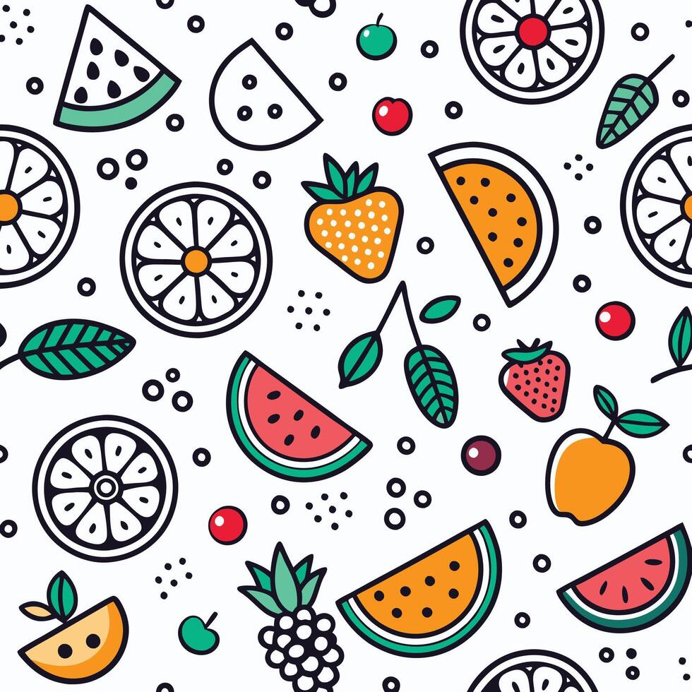 Colorful seamless pattern with various fruits, berries, and leaves. vector
