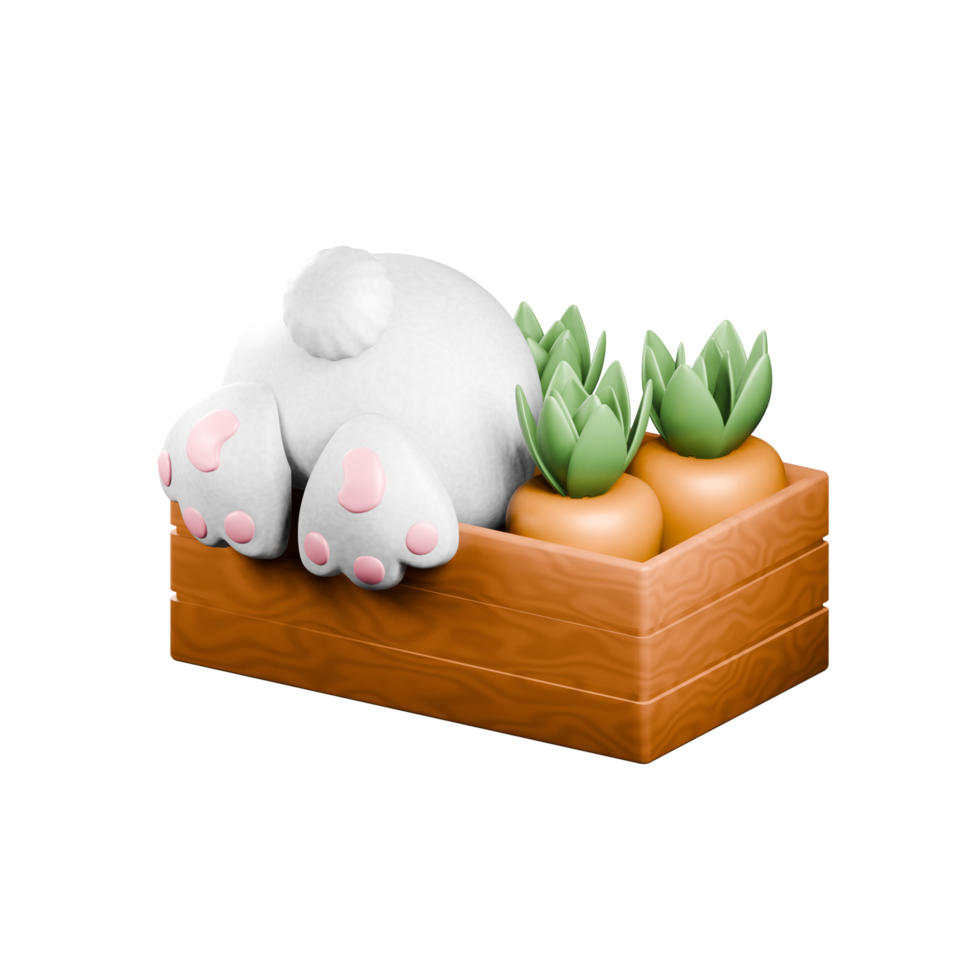 Happy Easter holiday background. Holiday design with realistic decor elements 3d bunny in a box with carrot. Easter bunny. For Banner, web poster, flyer cover, stylish brochure, greeting card. png