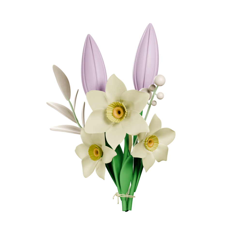 3d Floral bouquet of lilies and daffodils. Spring or summer bouquet for mothers day gift , valentine's day, Easter spring bouquet. 3D illustration on isolated background png