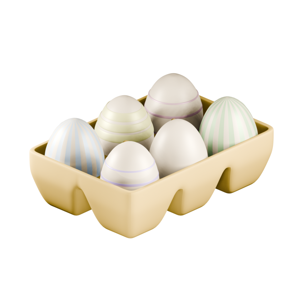 A collection of six easter eggs in a regular cardboard egg carton on an isolated background - 3D render png