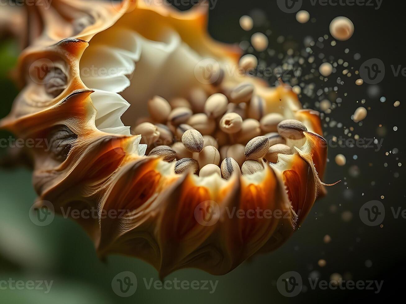 A flower with seeds being blown out of it photo
