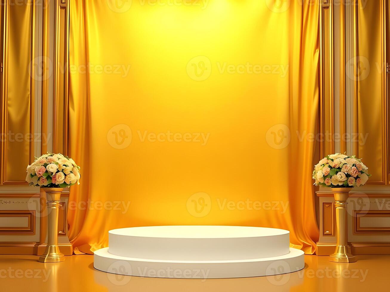 Luxurious Golden Stage with Curtains, Flowers, and Podium for Celebrations and Events. photo