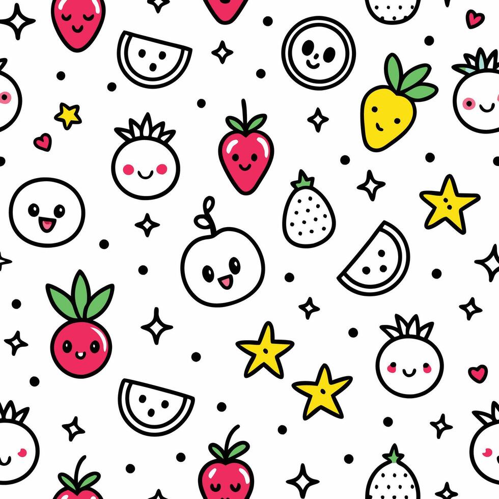 Cute cartoon fruit seamless pattern with happy faces, stars, and hearts on white background. vector
