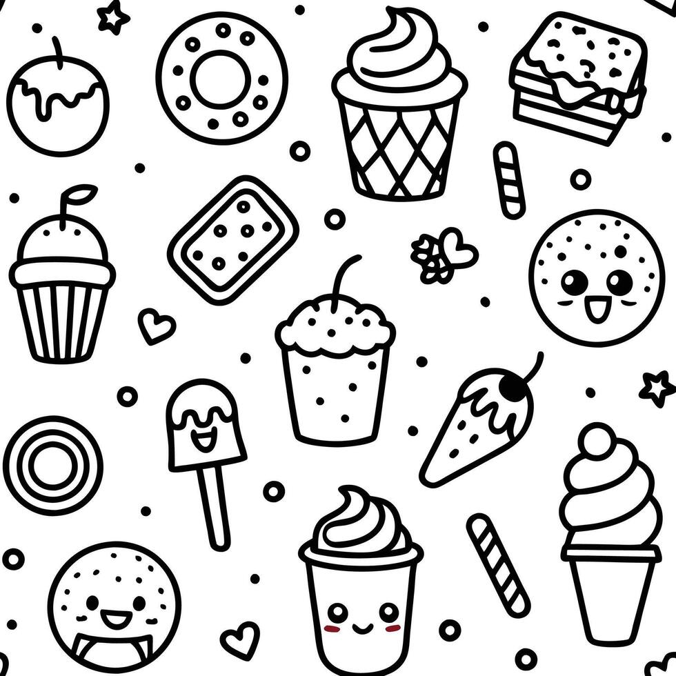 Cute hand-drawn seamless pattern with various sweets and desserts. vector