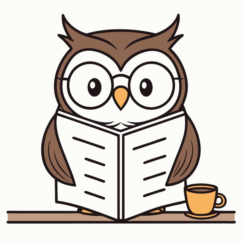 Cute cartoon owl wearing glasses reads a newspaper with a cup of coffee. vector