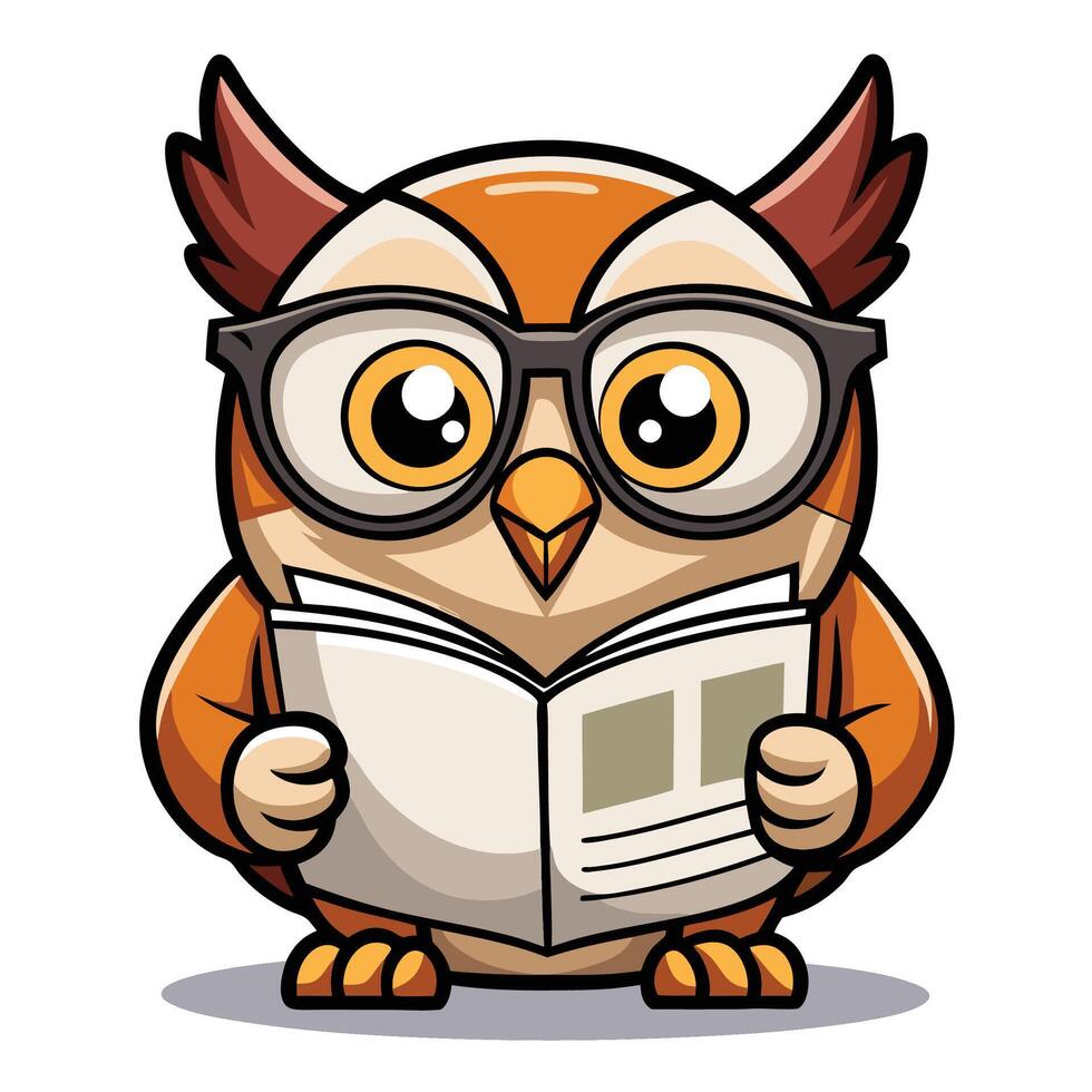 Cute cartoon owl wearing glasses reads a newspaper. vector
