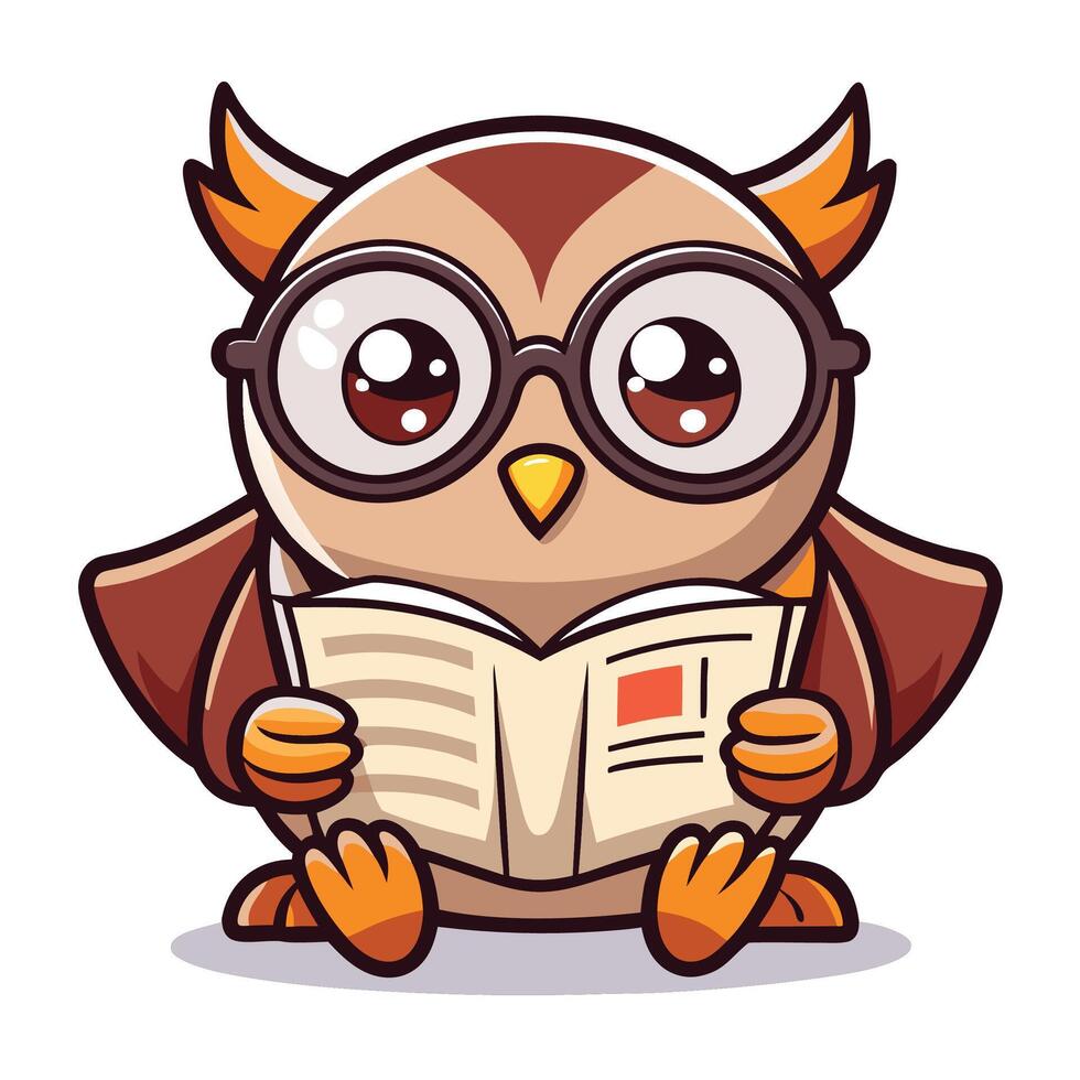 Cute cartoon owl wearing glasses reads a book. vector