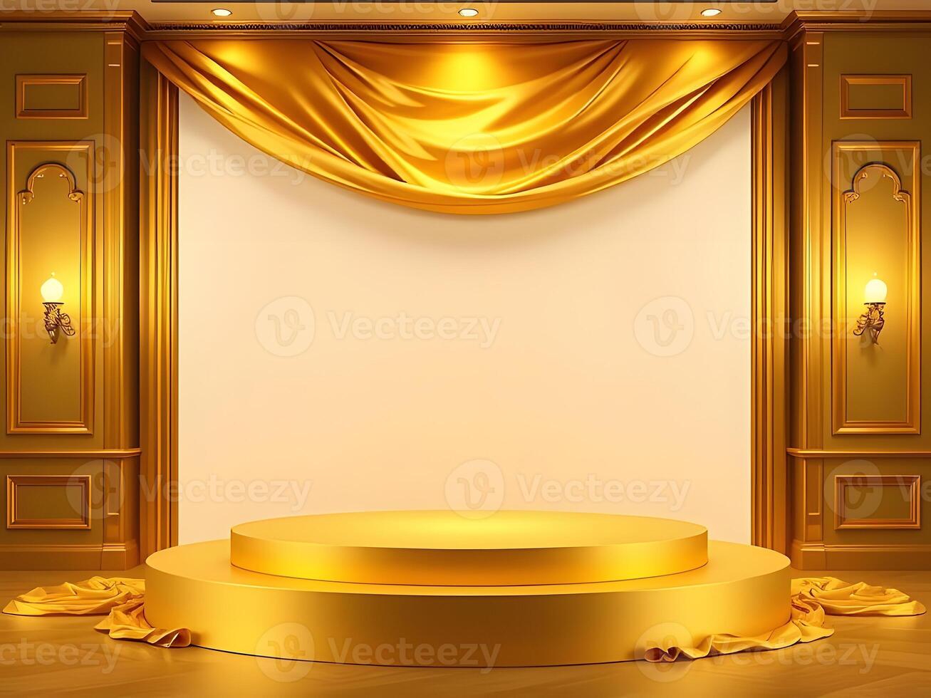 Luxurious Gold Stage Podium, Empty Backdrop, Elegant Interior for Awards, Presentation, Ceremony, and Product Display. photo
