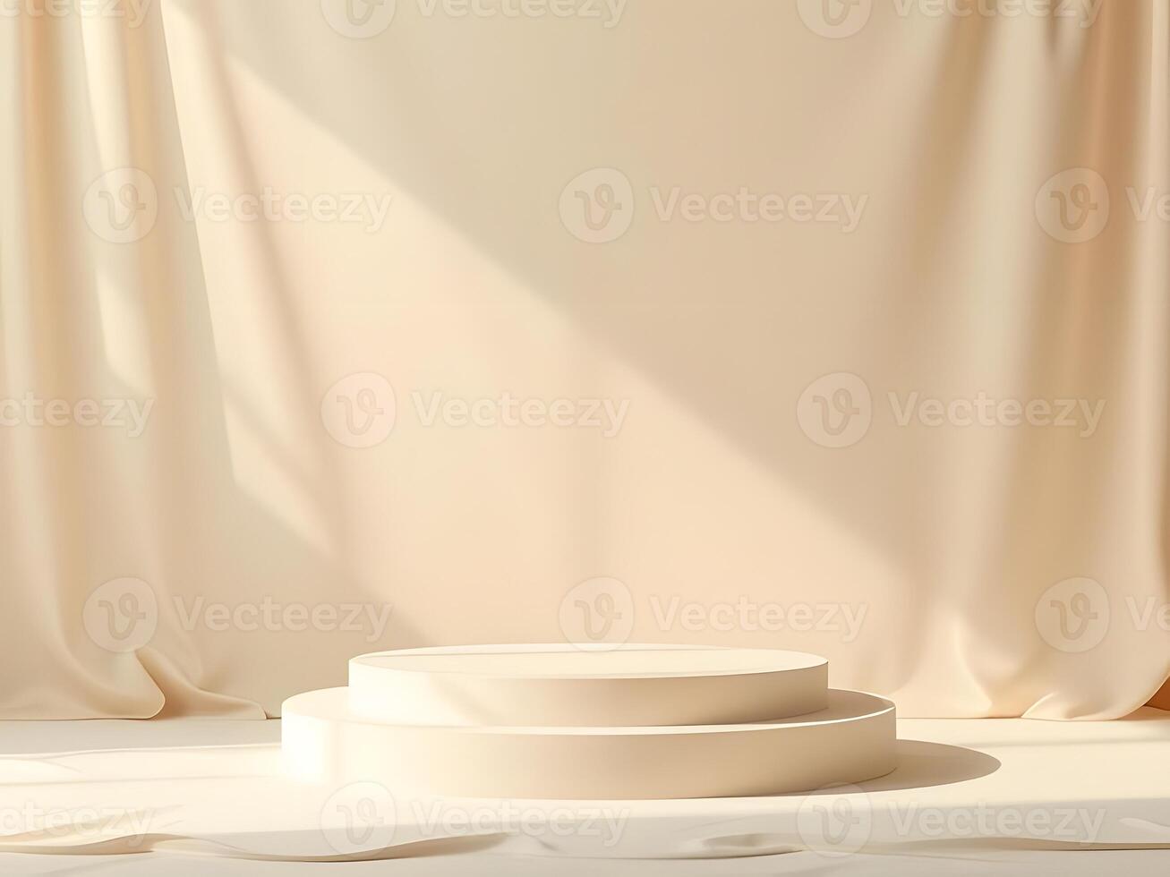 Minimalist Beige Podium Display with Fabric Drapes, 3D Render for Product Presentation, Soft Light Background. photo