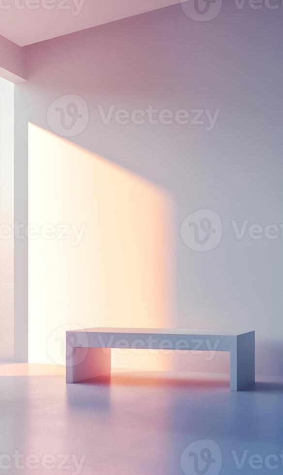 Minimalist composition of empty bench in sunlit architectural setting evoking serenity photo
