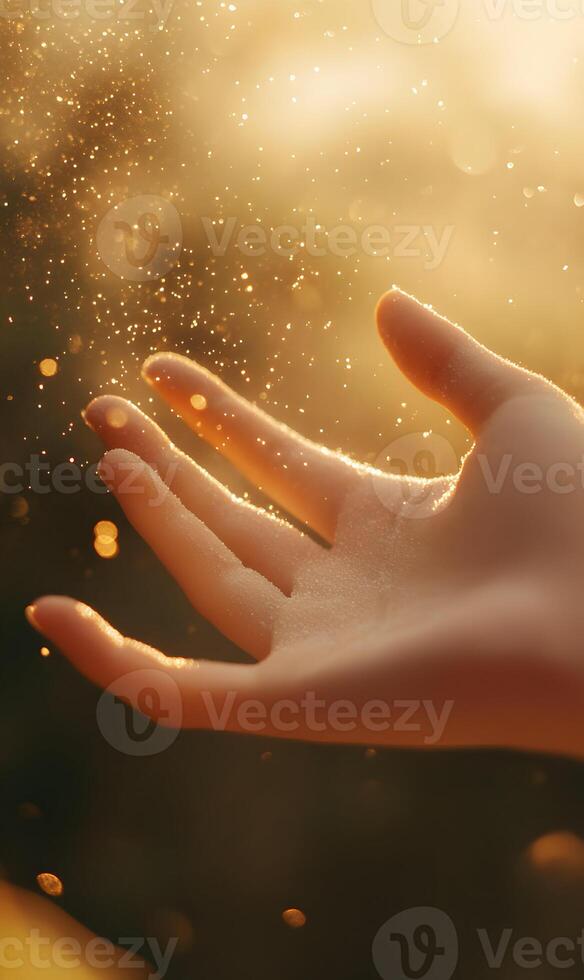 Evocative image showcasing a hand reaching towards golden particles, magical ambiance photo