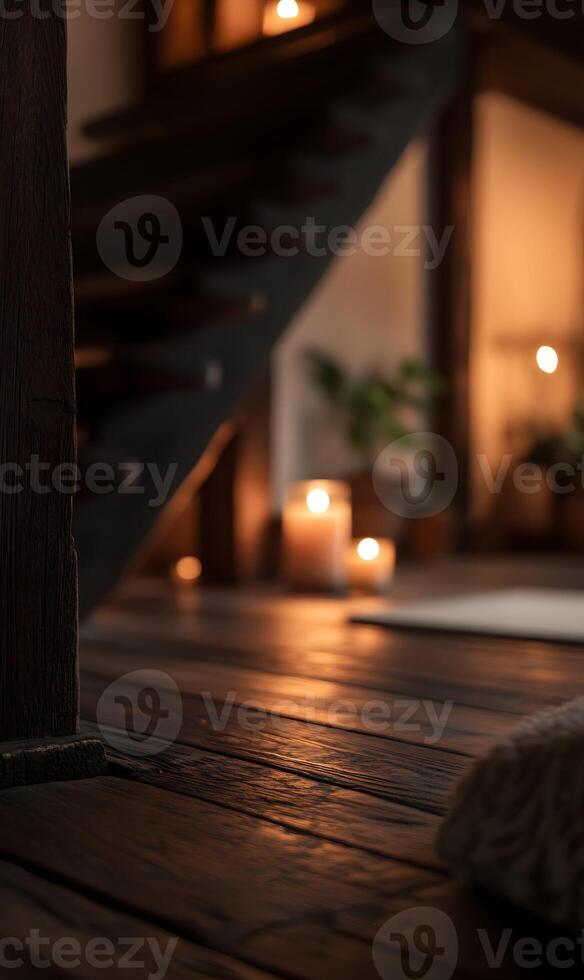 Ambient Glow Interior with Rustic Wooden Floor and Soft Candlelight Serene Indoor Scene photo