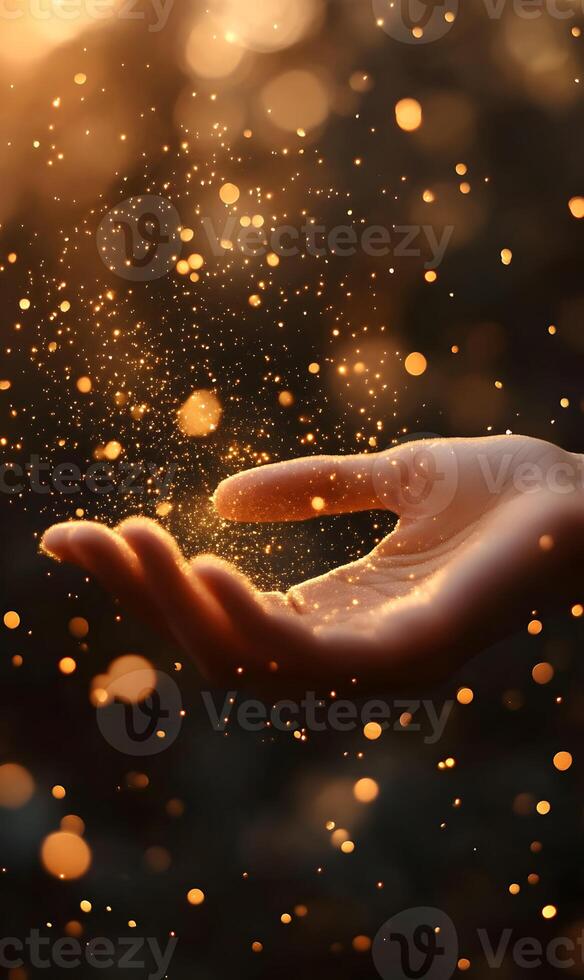 Captivating hand surrounded by glittering particles evoking magical and ethereal feelings photo