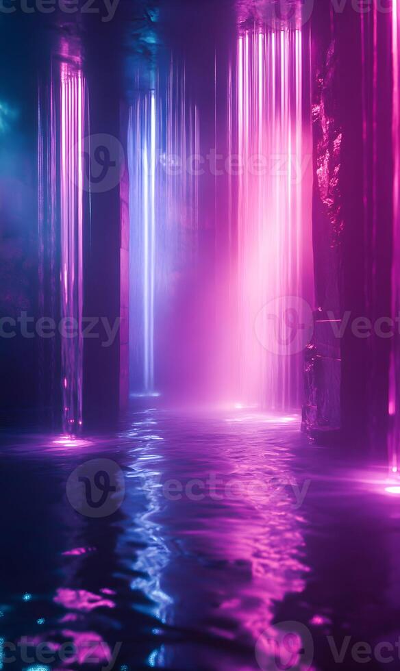 Immersive Neon Lightscape with Water Reflection and Futuristic Interior Design photo