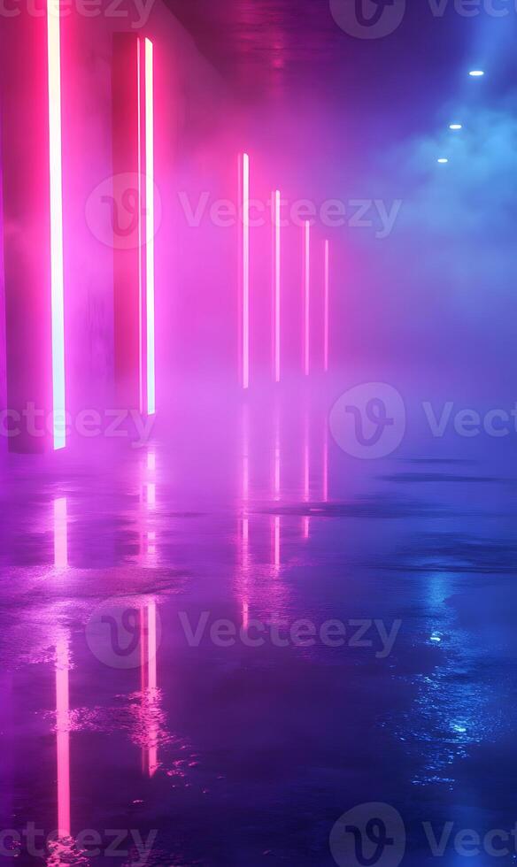 Illuminating expanse reflective surface with dynamic vertical neon glow ambiance design photo