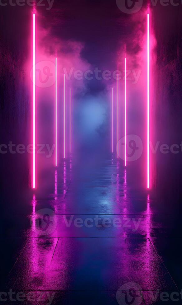 Neon Lights in a Dark Tunnel, Reflecting on Wet Floor, Creating a Modern, Abstract Feel photo