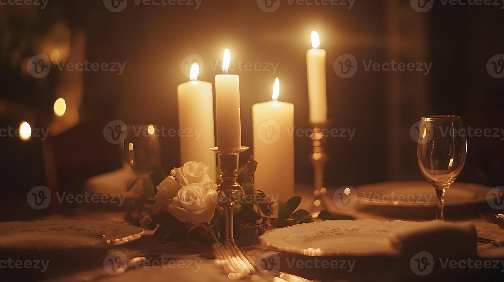 Elegant dinner table set for a romantic evening with candles and wine glasses in soft light photo