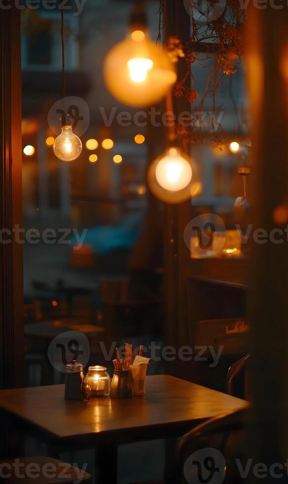 Ambient Illumination Captivating Nighttime Cafe Interior, Warmth, Cozy Environment and Rustic Charm photo