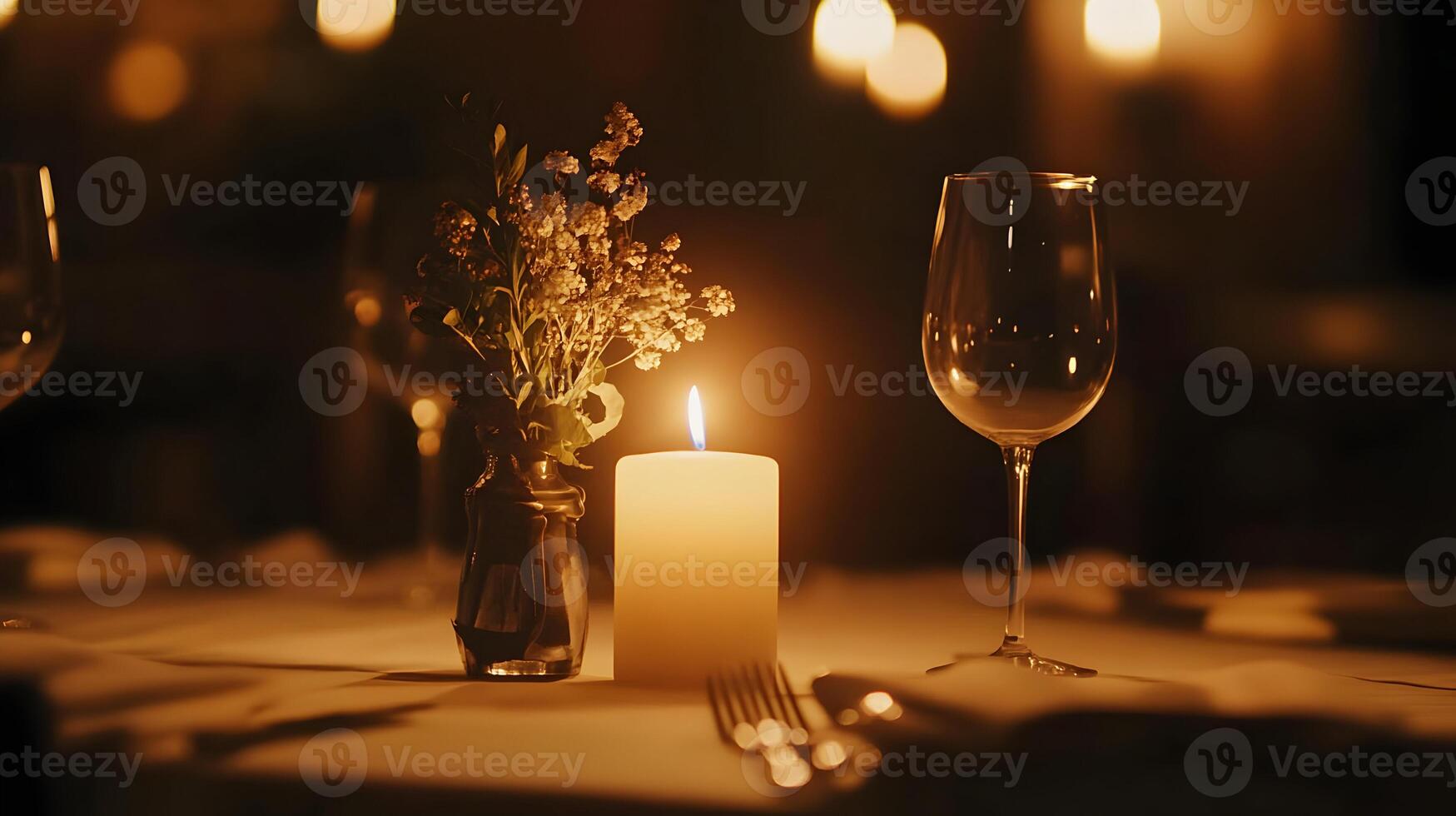 Sophisticated table setting with a single burning candle and soft floral arrangement photo