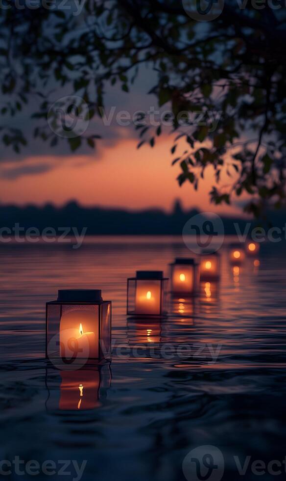 Candlelit Serenity Floating Across a Water Surface at Dusk, Reflecting Peaceful Illumination photo