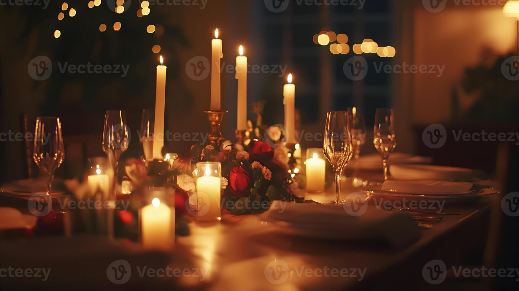Warm glow of candlelight on a beautifully set table creating a cozy, intimate ambiance photo