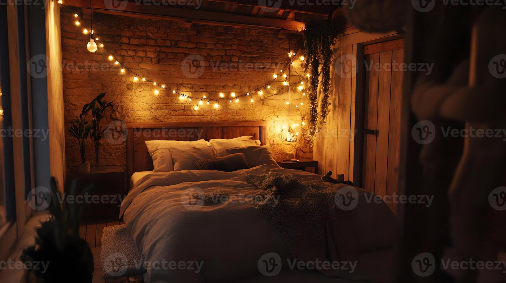 Inviting bedroom with rustic textures and ambient glow for a relaxing cozy atmosphere photo