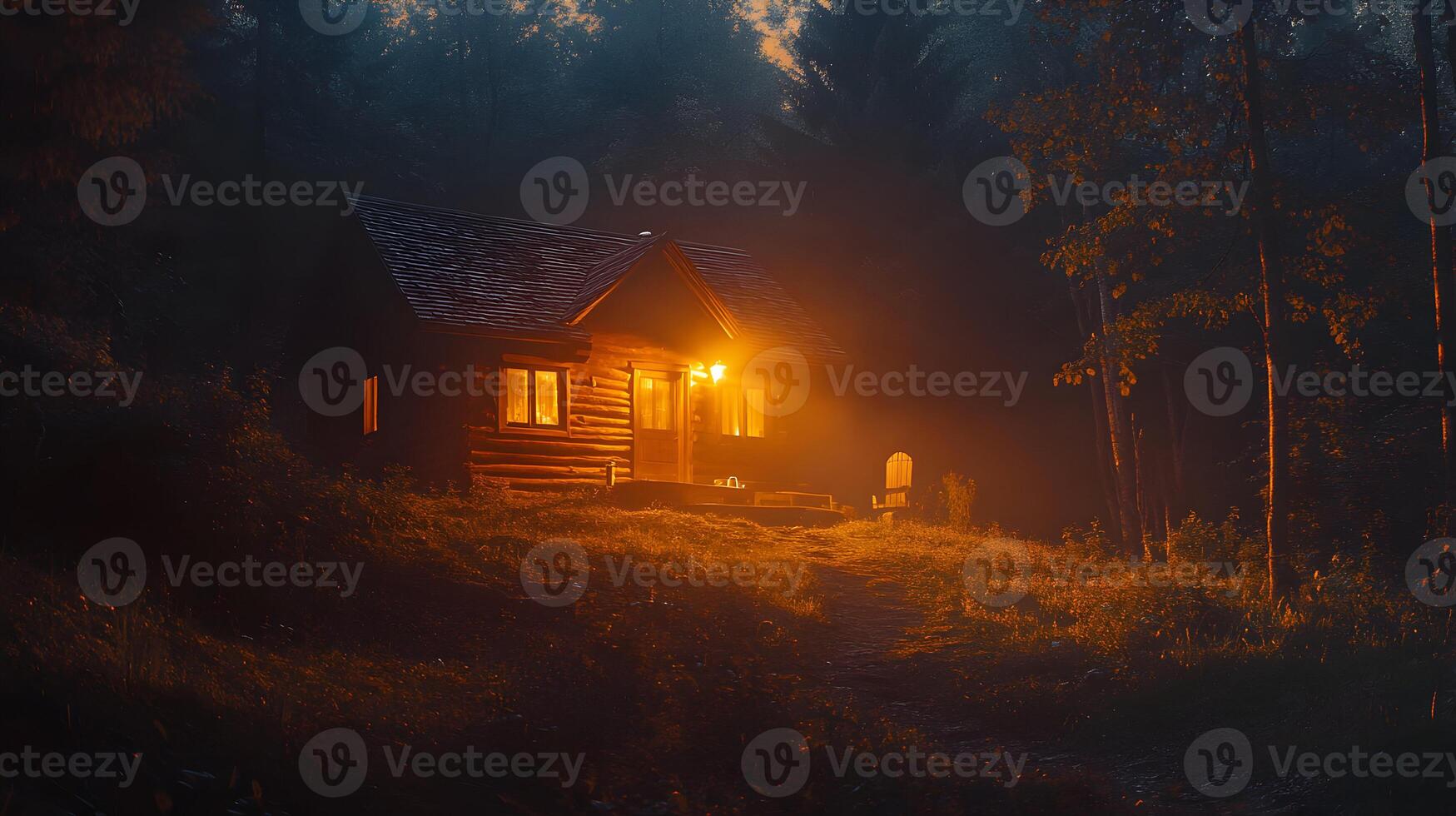 Mystical woodland cabin illuminated by soft golden light amidst serene nocturnal landscape photo