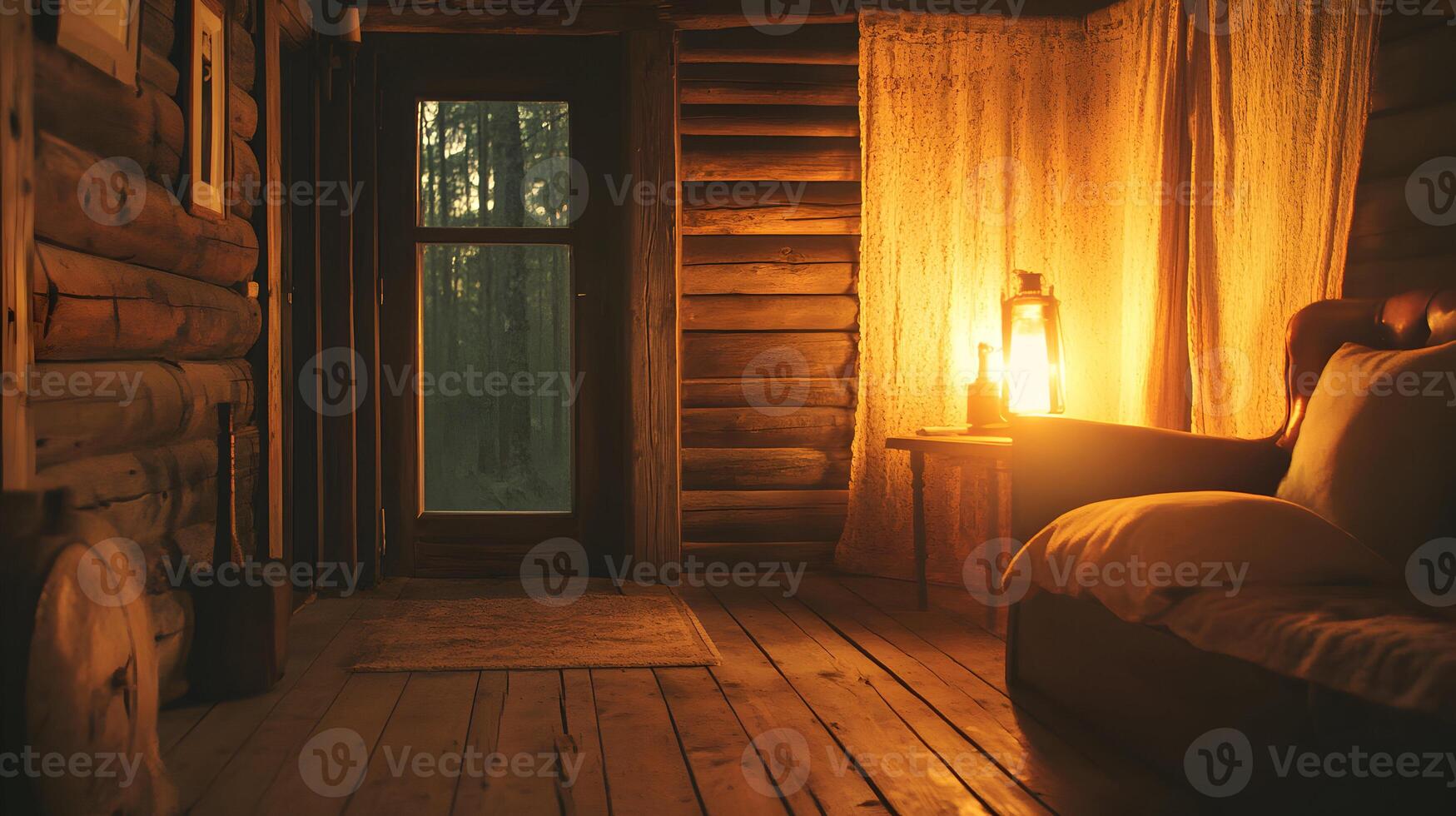 Inviting interior view of a rustic log cabin bathed in warm light from an old lantern photo