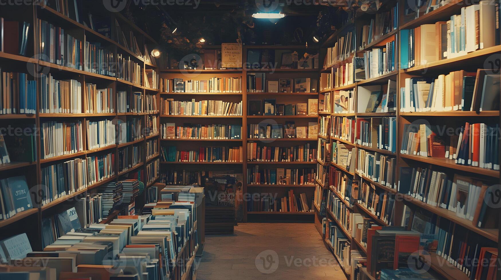 Enchanting view inside a library, showcasing books and scholarly pursuit with soft lighting photo