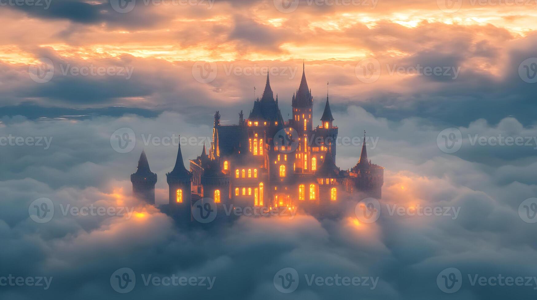Majestic castle illuminated and nestled among fluffy clouds during a colorful sunset view photo