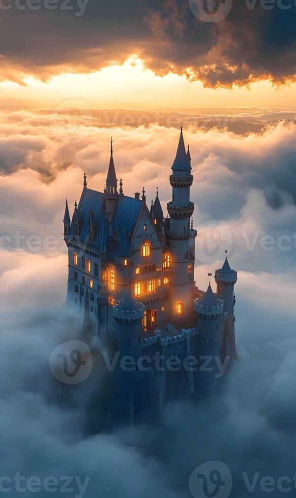 Majestic Castle Embraced by Clouds, with Spire Silhouette Against a Celestial Dawn Canvas photo