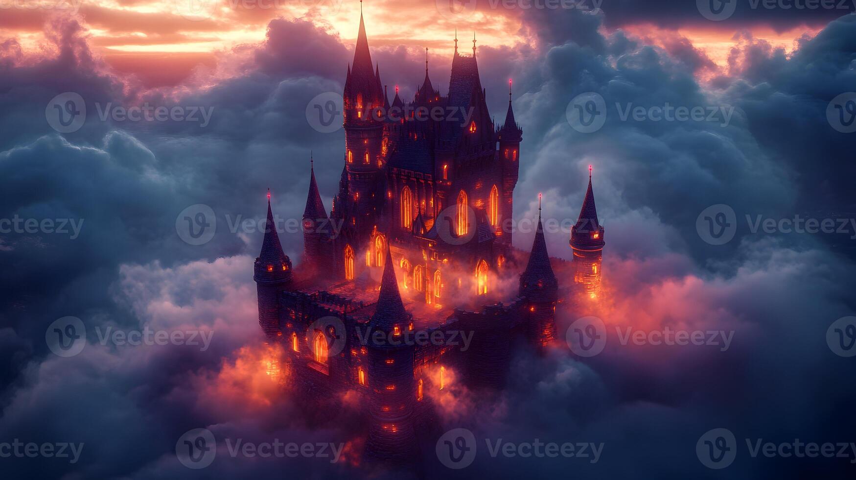 Mystical castle hovering amid a sea of clouds, ethereal glow, reminiscent of a dreamscape photo