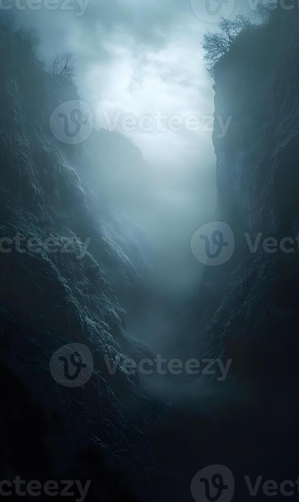 Moody canyon landscape illustration with ethereal mist and natural textured rock faces photo