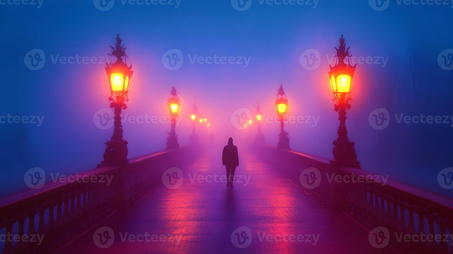 A Journey Through Twilight Illuminated by Vintage Lamps on an Atmospheric Pathway photo