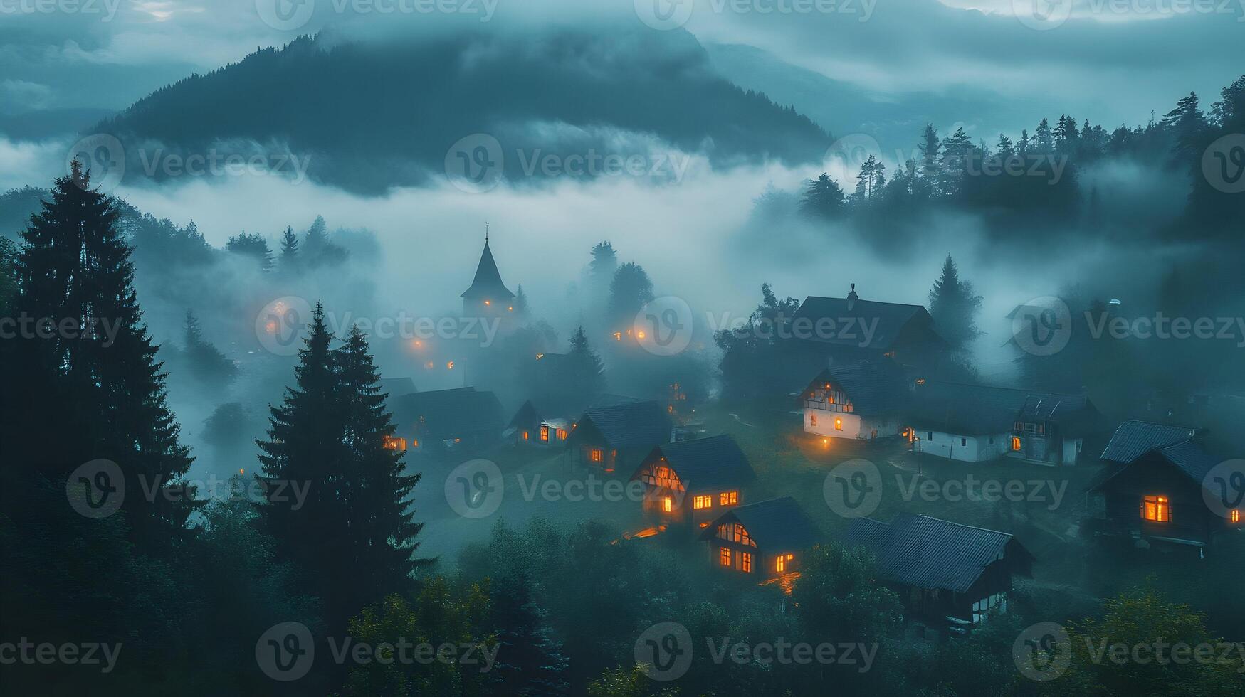 Atmospheric mountain village shrouded in mist, evokes a sense of mystery and enchantment photo