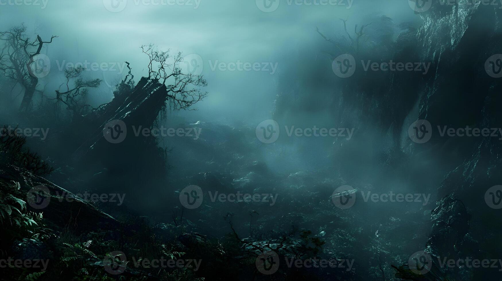 Ethereal landscape shrouded in mystic fog, silhouetted trees and rugged terrain creating mood photo
