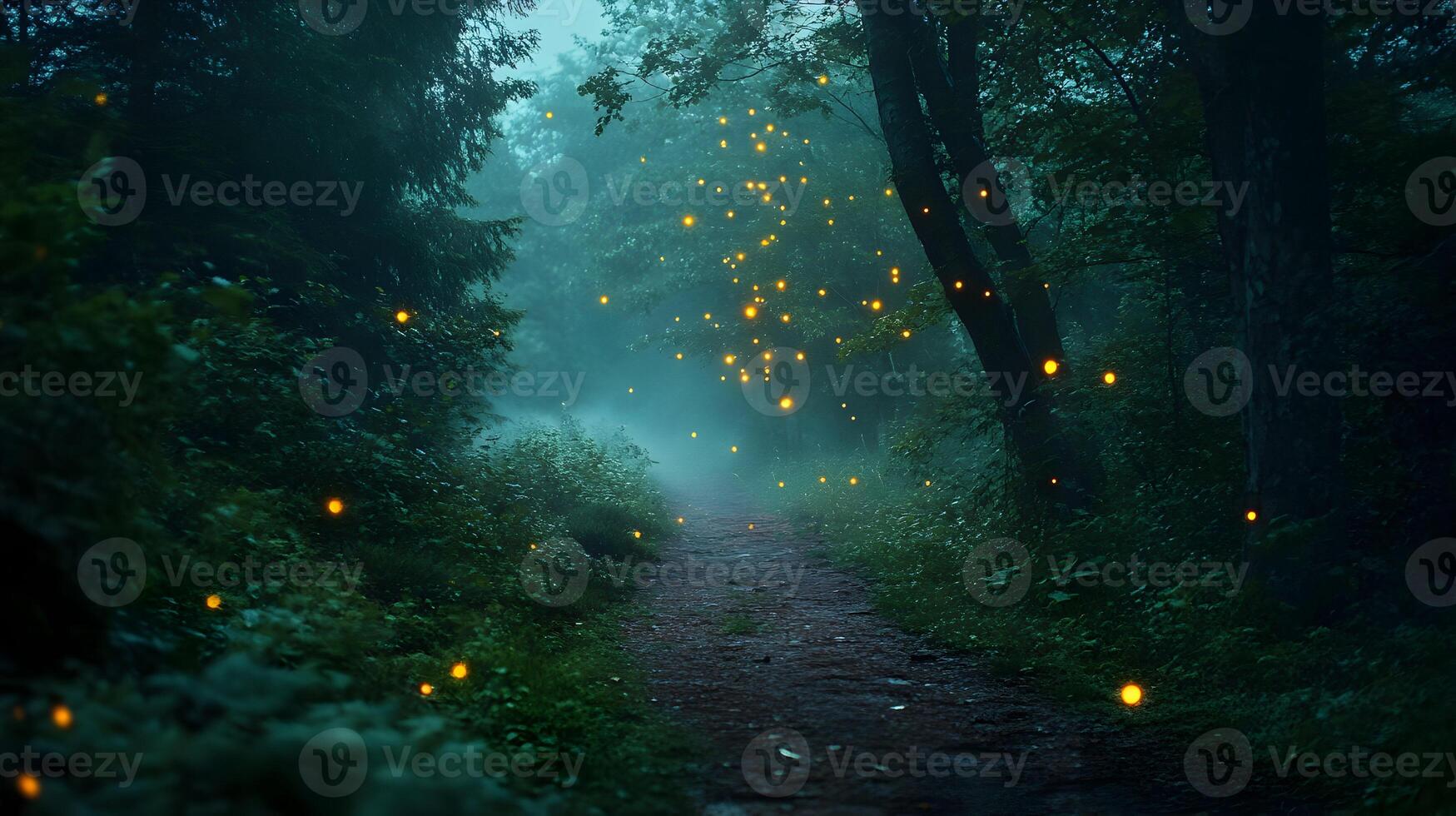 Enchanted trail illuminated by whimsical fireflies, casting a magical atmosphere at twilight photo