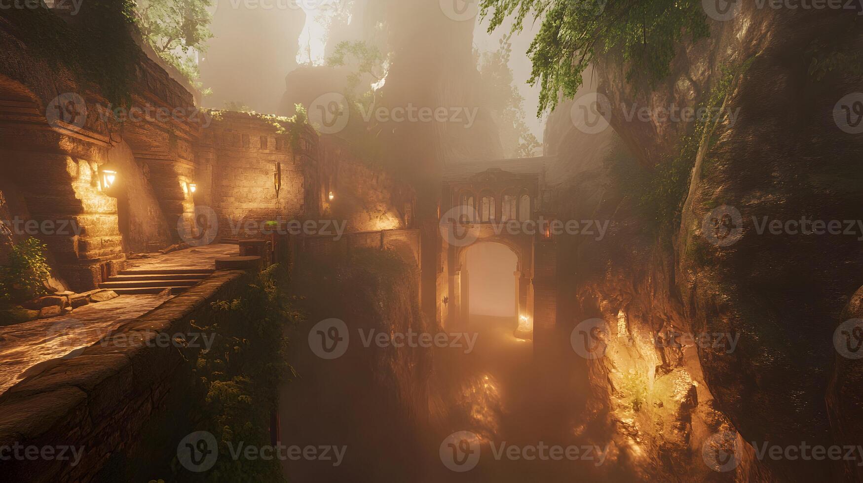 Mystical Pathway through Ancient Ruins shrouded in Fog and illuminated by Soft Light photo