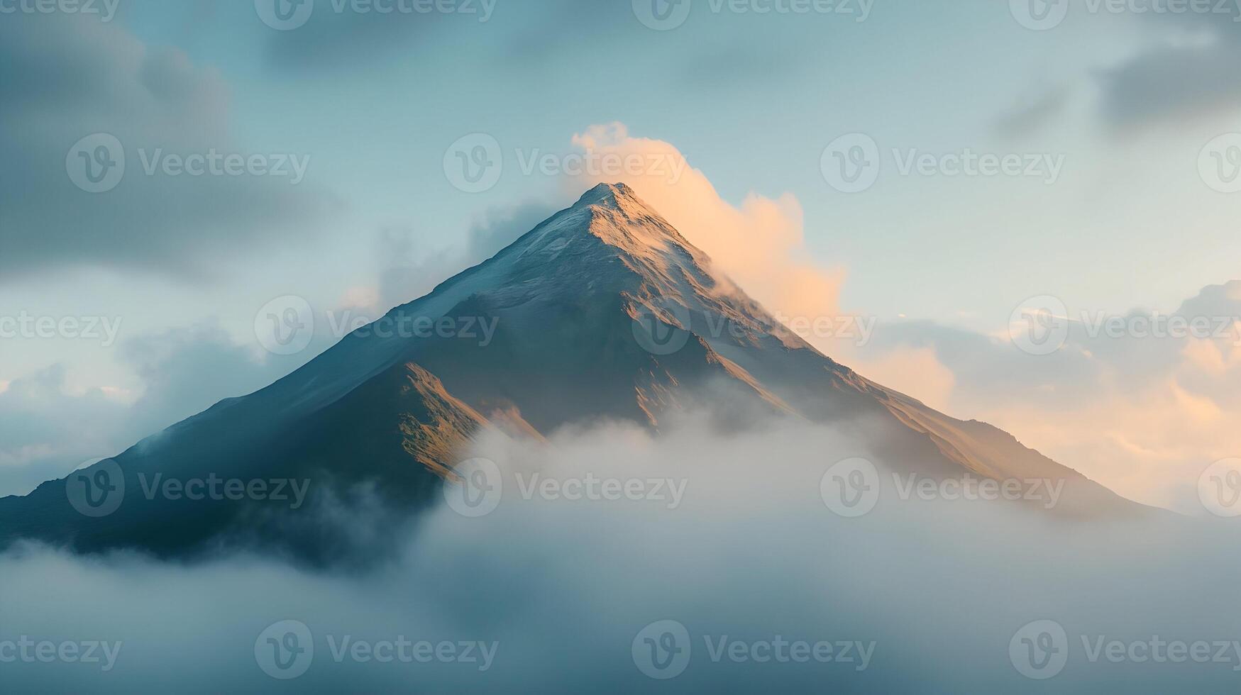 Misty mountain peak emerges through celestial skies, a sublime vision of nature's grandeur photo