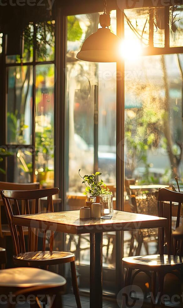 Warm golden light illuminating a charming cafe interior with wooden furniture and plants photo