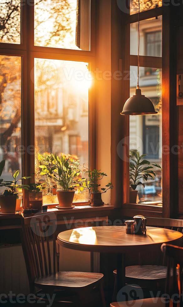 Captivating interior view of a cozy cafe with sunlit windows, a table and decorative plants. photo