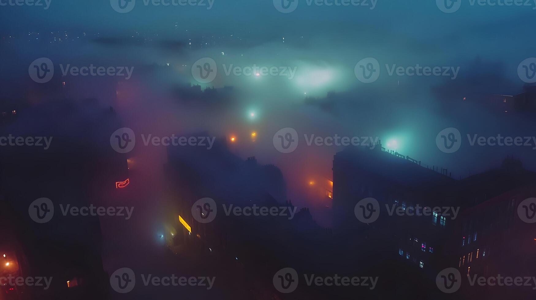 Illuminated Urban Landscape Shrouded in Dreamy Fog, Enigmatic Cityscape and Night Lights photo