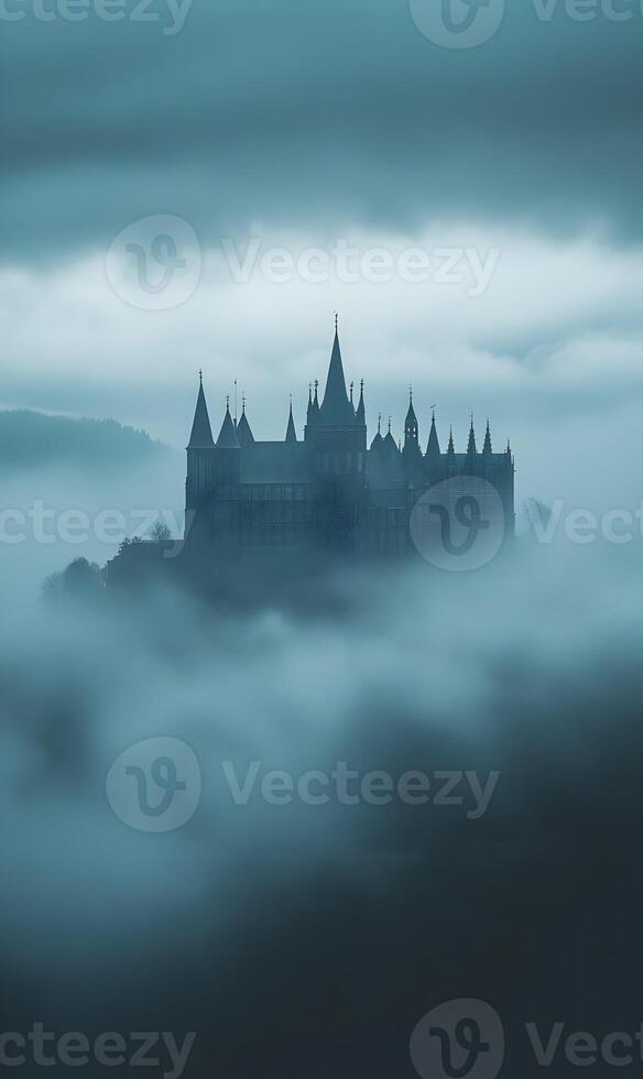 Mystical realms architectural enigma, castle shrouded in clouds of mystery and imagination photo