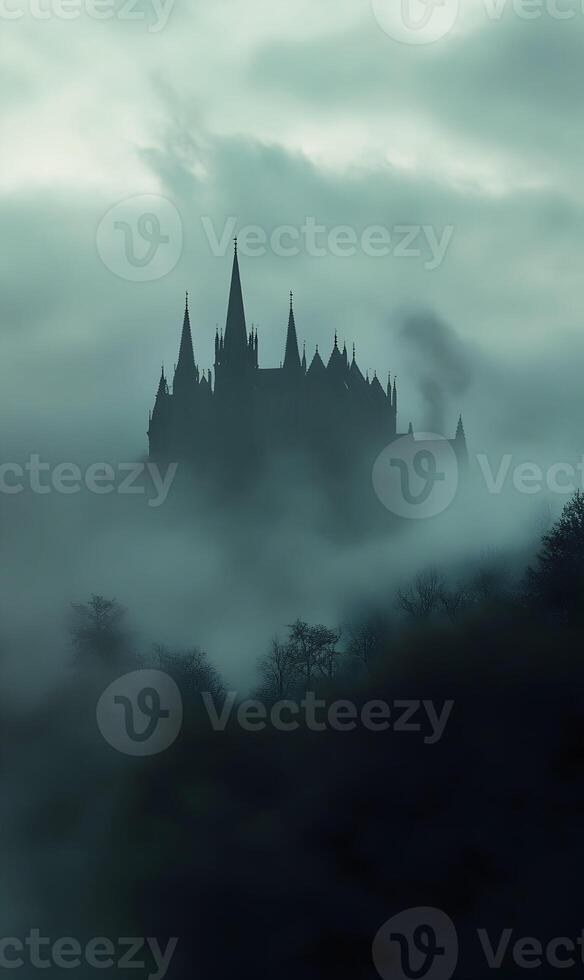 Silhouette of gothic architecture a formidable castle surrounded by a mystical fog, dark fantasy photo