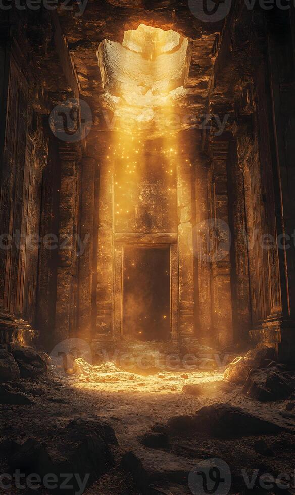 Enigmatic temple illuminated by light, showcasing ancient architecture and a sense of wonder photo