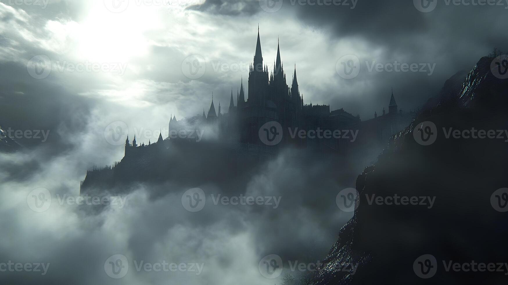 Mysterious castle rises through the misty abyss, silhouetted by sun's glare, creating a surreal scenery photo