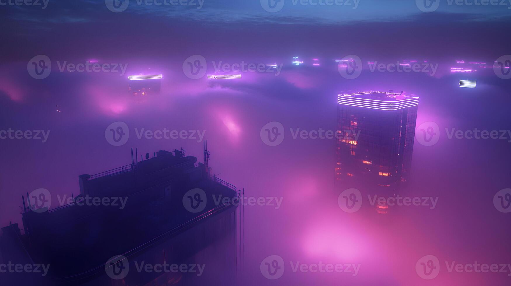 Neon Dreams A Cityscape Shrouded in Mystical Fog, Modern Architecture bathed in Hues photo
